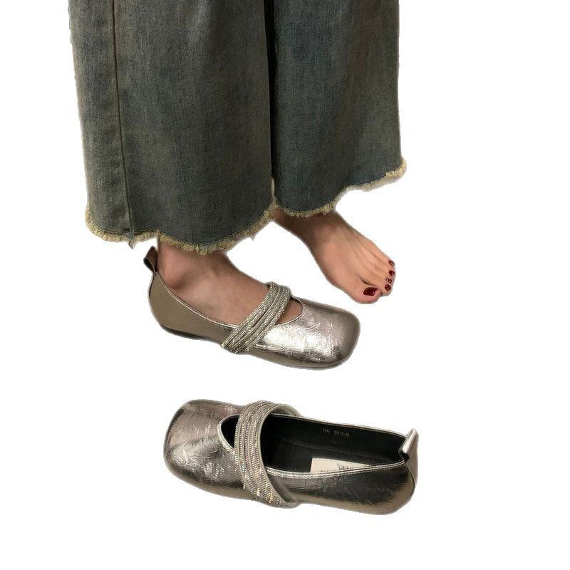 Mary Jane Women's Shoes 2025 New Small Leather Shoes Women's One-pedal Skirt Temperament Flat-soled Silver French Single Shoes