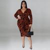 Plus Size Womens V-Neck Long Sleeve Midi Dress Leopard Print Milk Silk Stretch Fit 2025