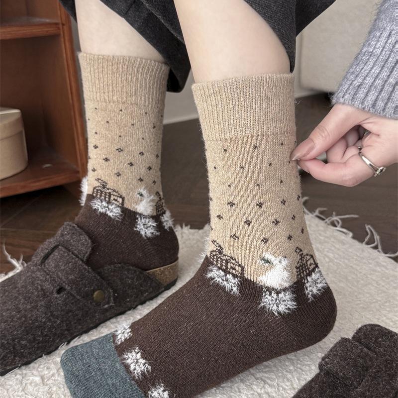 Christmas Snowflake Cartoon Wool Socks Vintage Mid-Leg Socks Thickened And Warm
