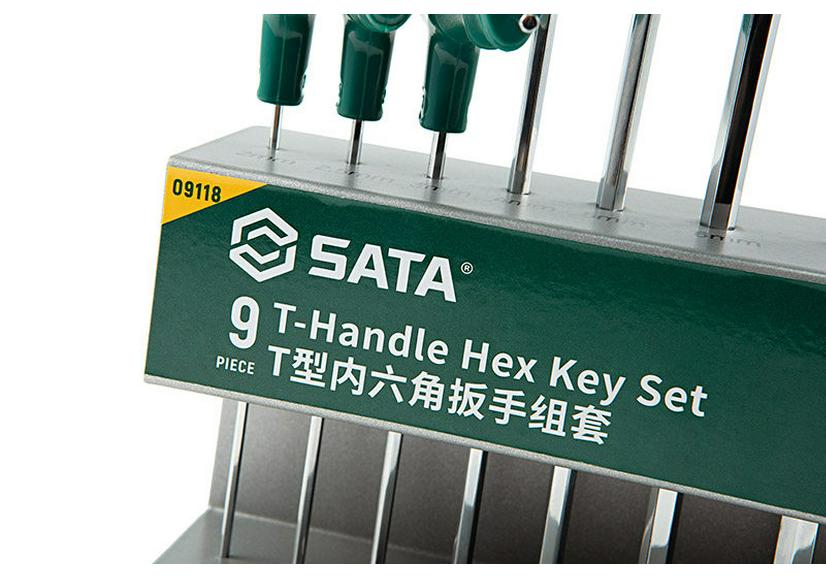 SATA 9-Piece Hex Key Set: T-Handle Ball End 09117 & Flat End L-Handle 09118, Sizes 1.5-10mm.