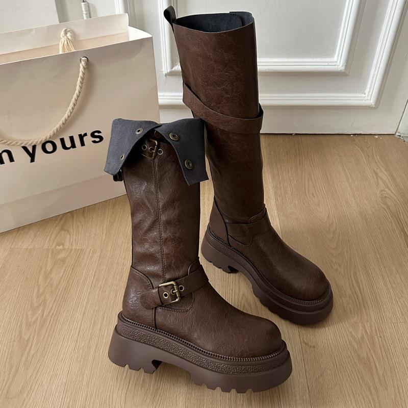 

Коричневые ретро-ботинки на толстой подошве женские 2025 новые осенние ботфорты высокие сапоги-рыцари тонкие сапоги 40 темно-коричневого