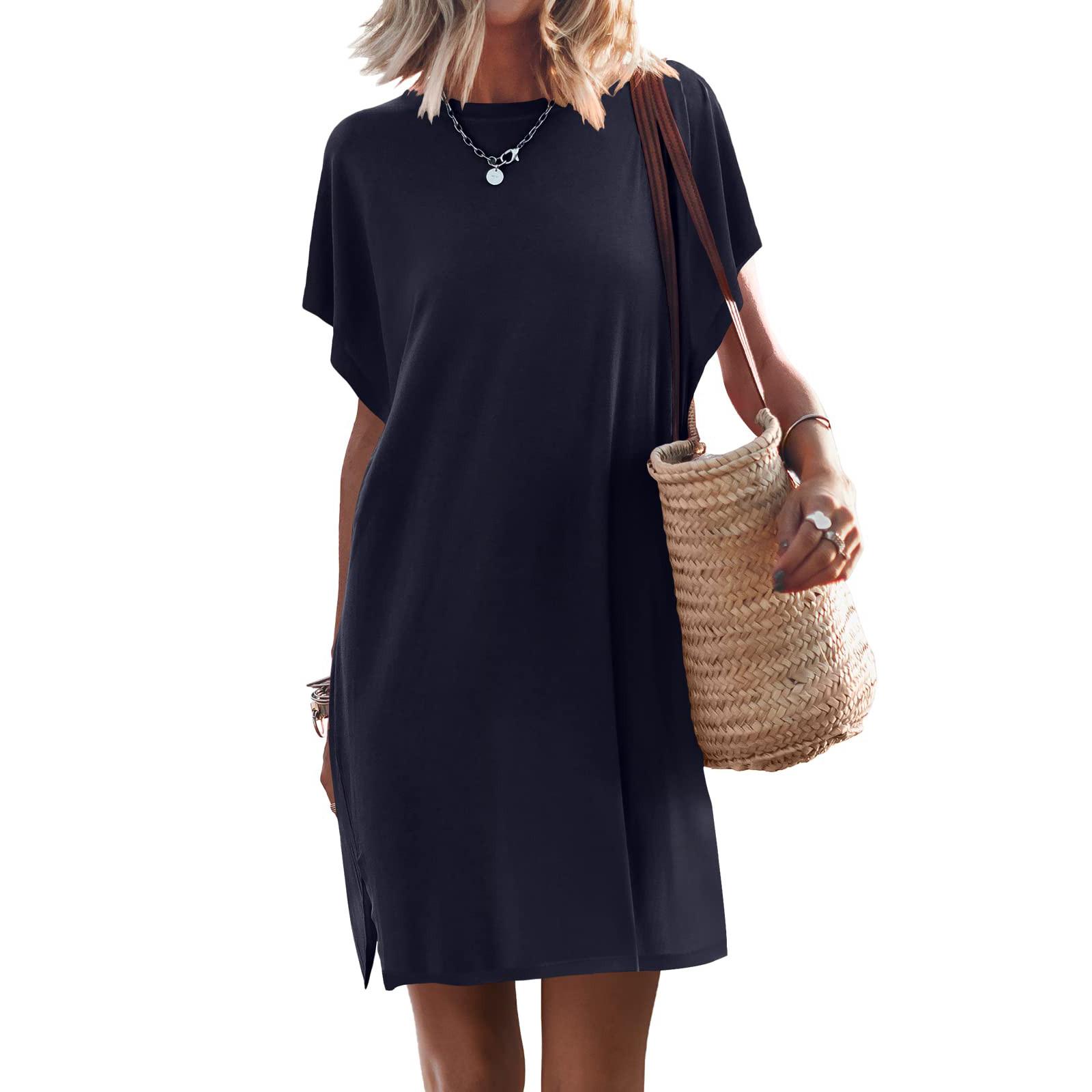 

Модное женское повседневное свободное платье с круглым вырезом, однотонный пуловер с коротким рукавом XL