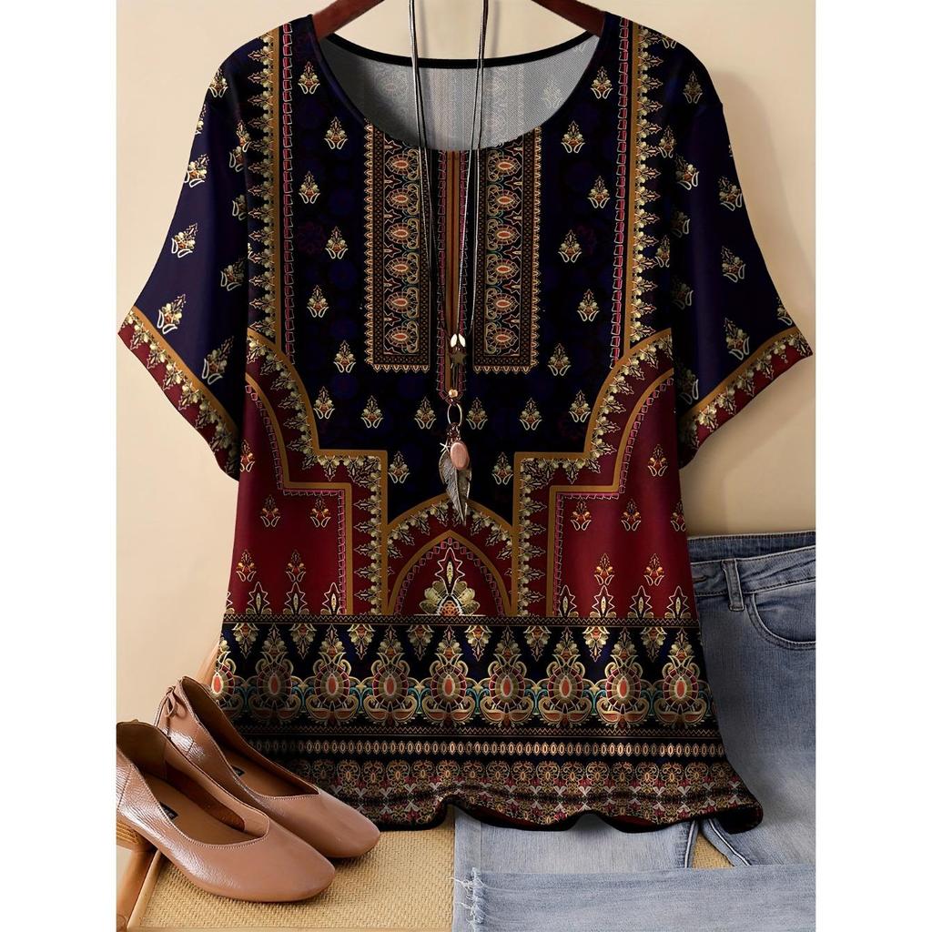 Summer Round Neck 3D Flower Pattern Print Top Fashionable Casual Short Sleeved Women's T-shirts