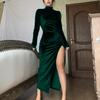 Women's Fashion Solid Colour High Neck Long Velvet Slim Fit Crinkled Split Dress