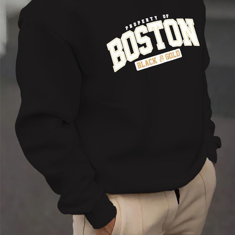Men's Casual Crewneck Sweatshirt Boston Black Gold Print Fashion Long Sleeve