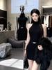 Elegant Korean Style Halter Sleeveless Knit Dress with Lace Open Back and Hip-Exposed Short Skirt