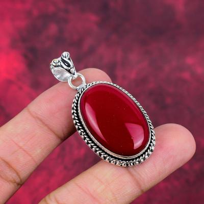 Red Coral Handmade Gemstone Pendant, 925 Solid Sterling Silver Pendant Antique Jewelry, For Engagement Gift