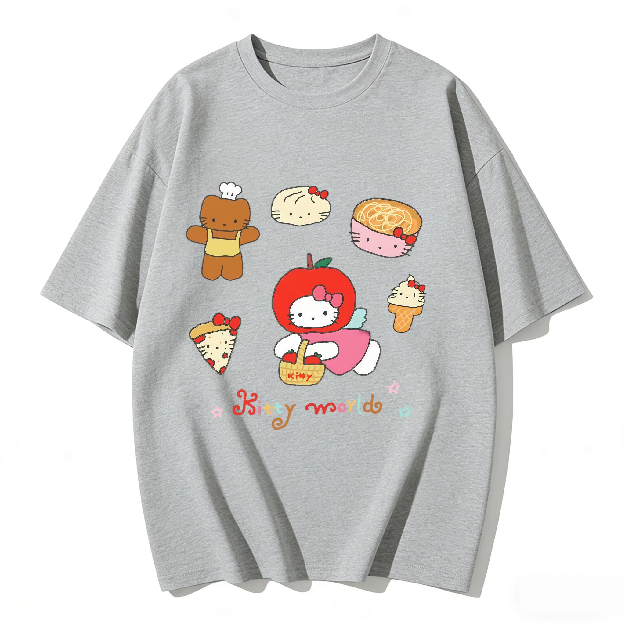 

2026 New Arrival Kawaii Hello Kitty Food World Print Couple T Shirts Casual Loose Family Matching Outfits Parentchild Tees Tops S