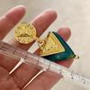 Elegant Dark Green Rhinestone Triangle Earrings with Gold Inlaid Geometric Design