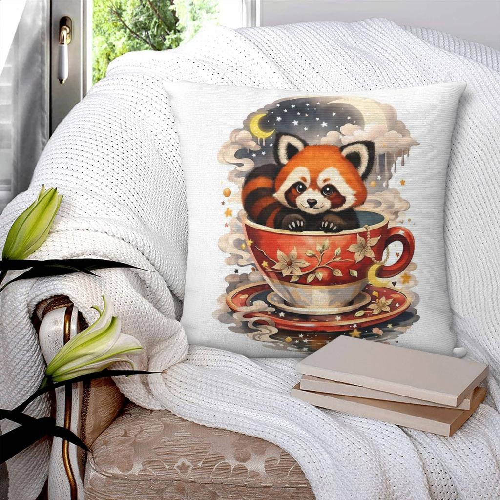 Tea Spirit Red Panda Pillowcase Polyester Linen Velvet Printed Zip Decorative Throw Pillow Case Sofa Seater Cushion Cover