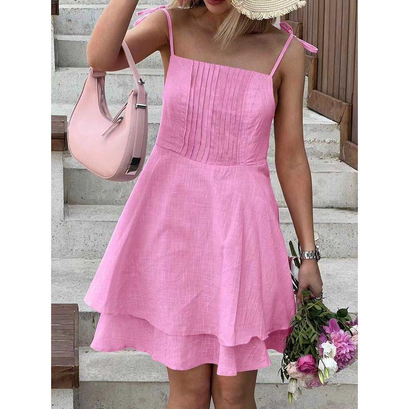 

Fashion Summer Sling Cotton and Linen Transparent Ruffles Dress Hanging Strap Lotus Leaf Dress Pink S