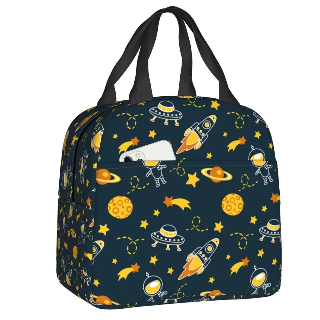 Cartoon Space Planet Rocket Thermal Insulated Lunch Bag Women Astronaut Spaceship Portable Lunch Box for Kids School Food Bags