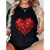 Black Oversized T Shirt With Red Sequin Heart Print For Casual Wear And Party Outfits