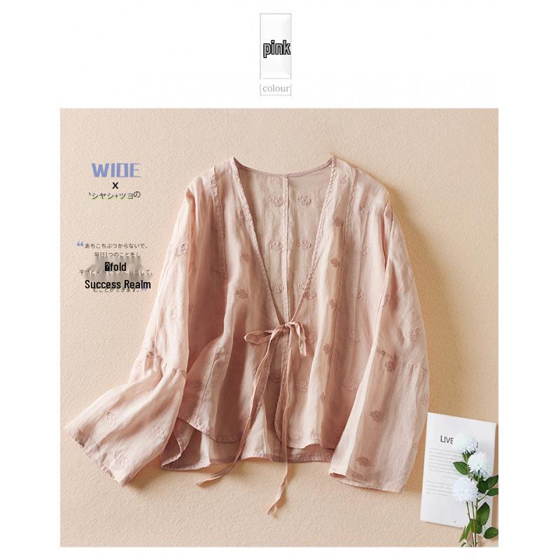Retro Women s Embroidered Cotton-Linen Cardigan - Versatile Loose-Fit Short Jacket, Spring 2026 Arrival L (50-60 kg) розовый