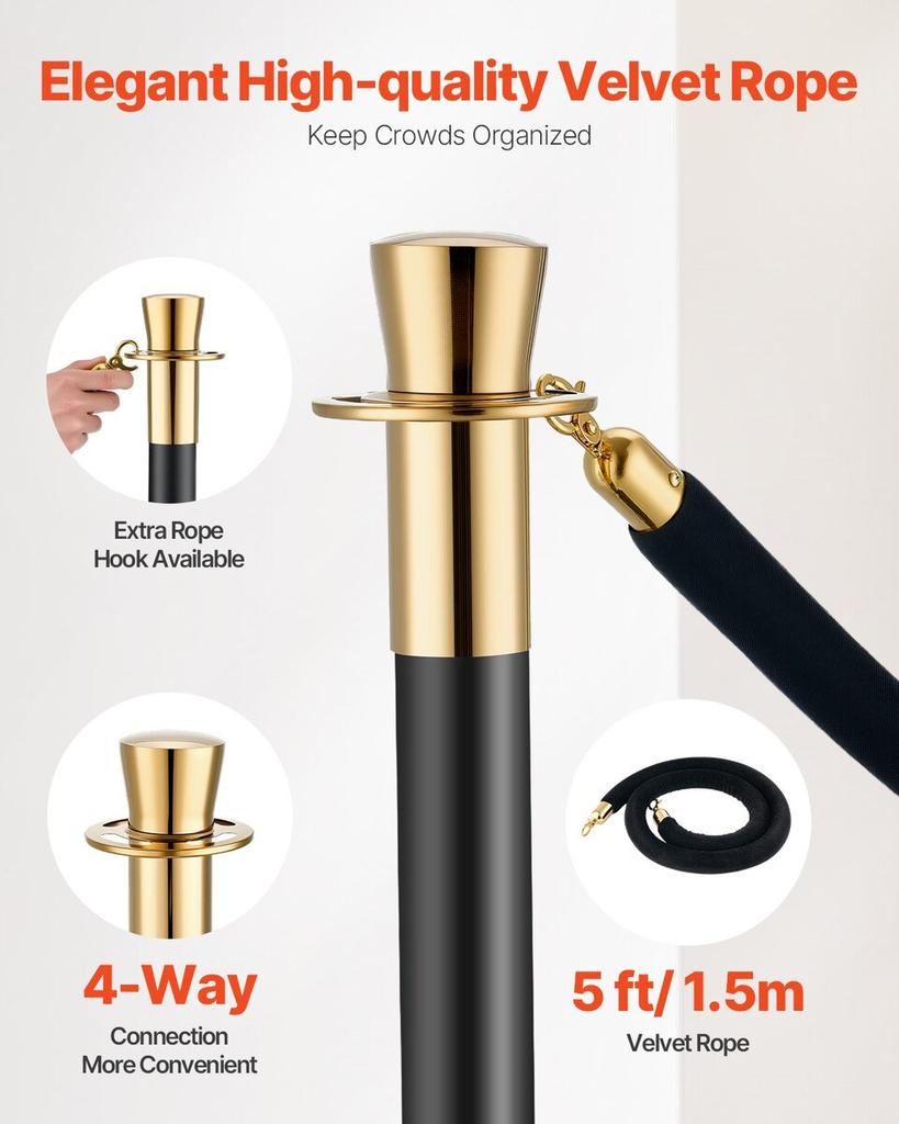 6 Pcs Stanchion Post with 4 Black Velvet Ropes Sand Injection Hollow Base