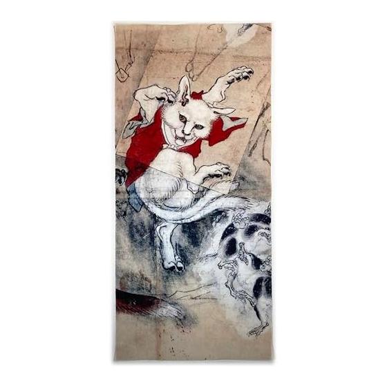 Tenugui Towel - Kawanabe Kyosai, Choju-giga, Bakeneko & Tanuki, 100% Cotton, Tokka Fabric, Japan