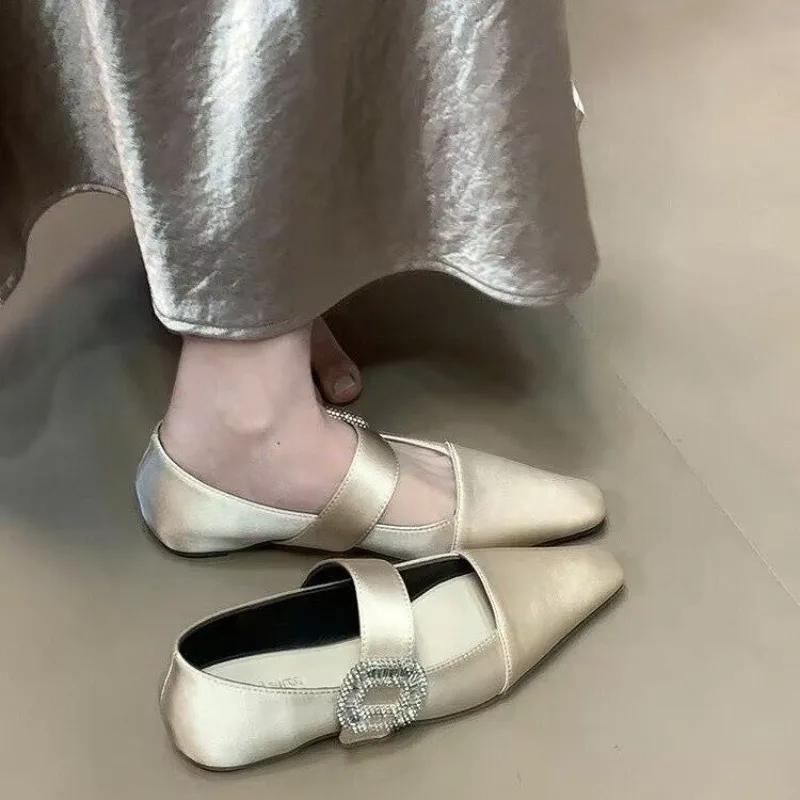 Temperament Satin Single Shoes Spring New Square Head Shallow Mouth Fashion Rhinestone Soft Sole Women's Shoes
