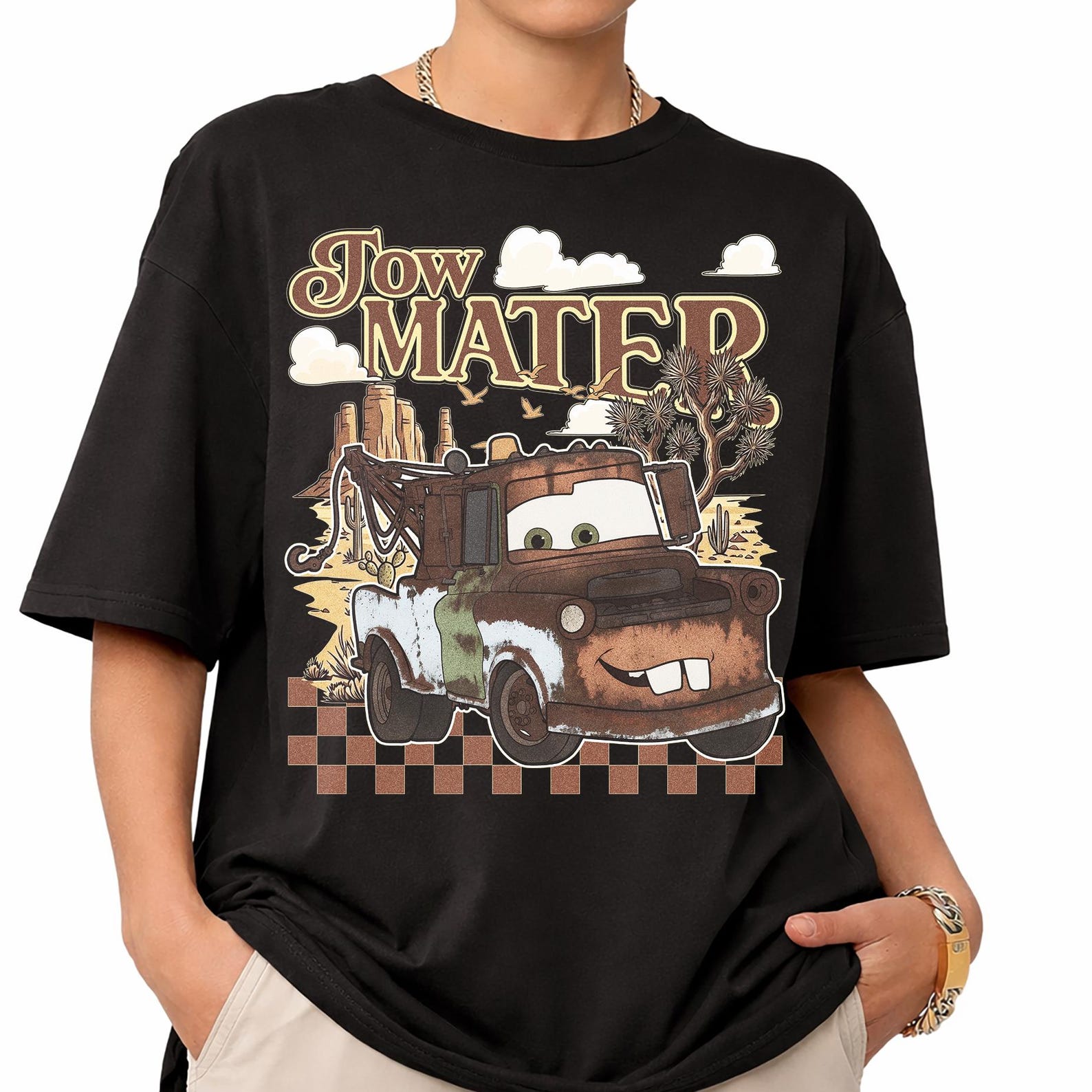 Tow Mater Disney Cars Shirt, Vintage Radiator Springs Tee, Pixar Checkered Race Graphic, Disney World Family Vacation Trip Gift Shirt 2XL