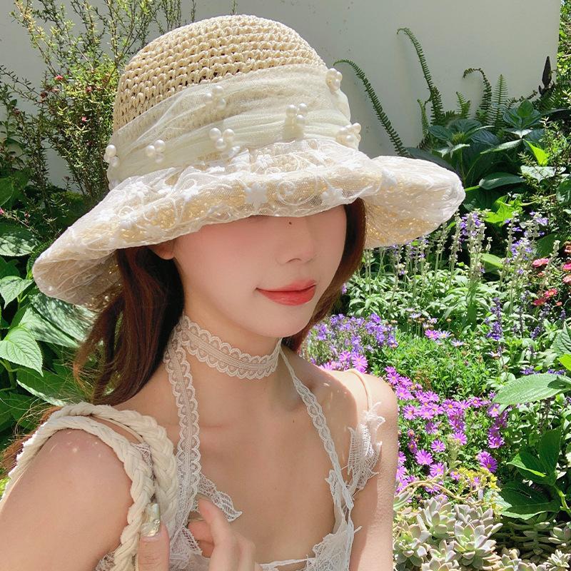 Women's Summer Hat Lace Ribbon Bow Flower Beads Big Brim Sunscreen Bucket Hat Sunshade Beach Accessories Sunhat New