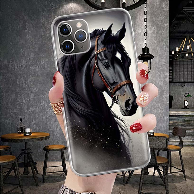 Étui de téléphone souple Cheval Noir Animal Pour IPhone 11 17 Air 16E 16 Pro Max 15 + 14 Plus 13 Mini 12 Apple 7 SE 8 Fundas Coque 11 17 A