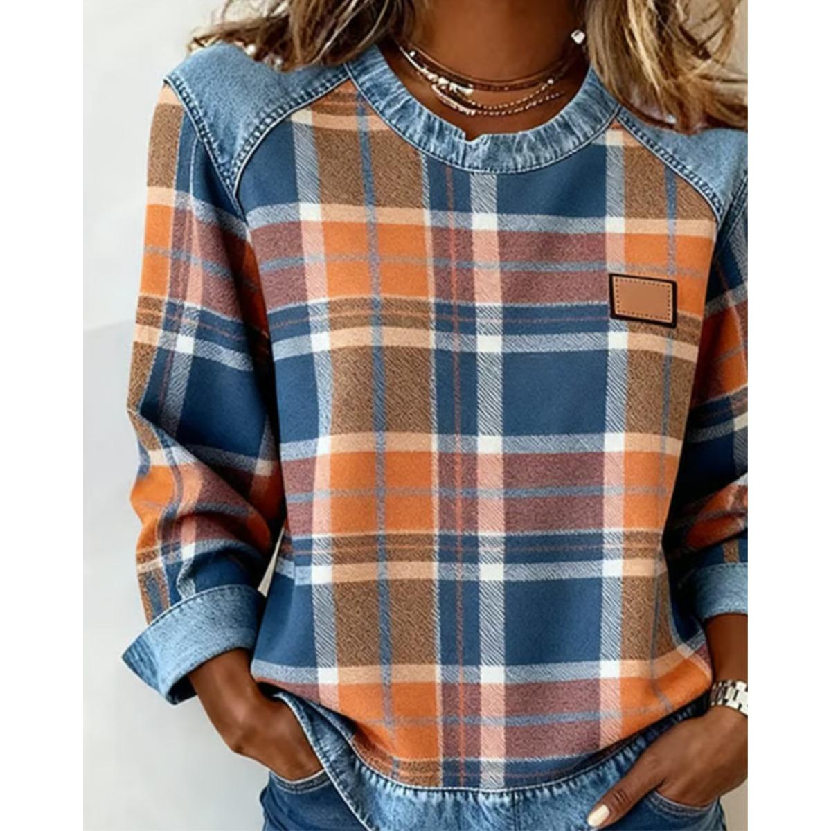 New Plaid Patchwork Denim Crew Neck Loose Women s Hoodie S оранжевый
