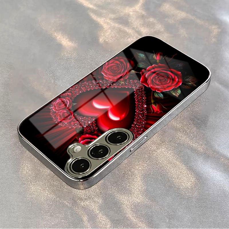 Gold-plated tempered glass phone case compatible Galaxy S26 S25 S24 S23 S22 Ultra Plus Features red rose sparkling heart design
