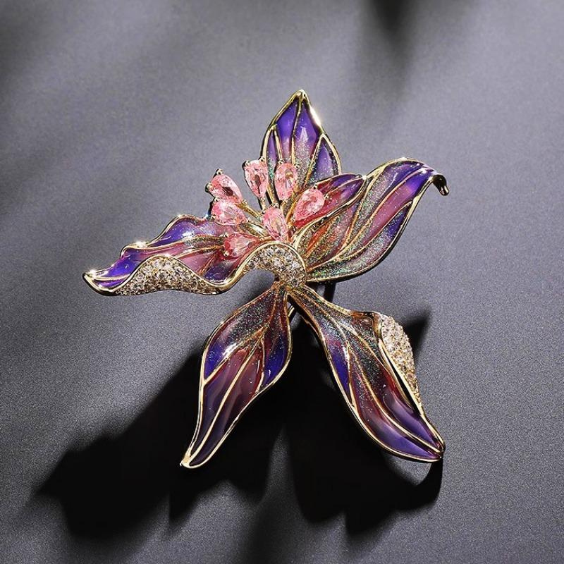 Brosche Orchidee im chinesischen Stil, Hochwertige Damenbrosche aus exquisitem und individuellem Emaille, Brosche mit Nischendesign