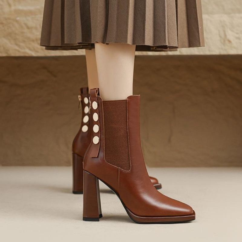 Winter New Thick Heel Cotton Boots Women's Square Head Back Zipper Rivet Anti-slip Wear-resistant Short Boots