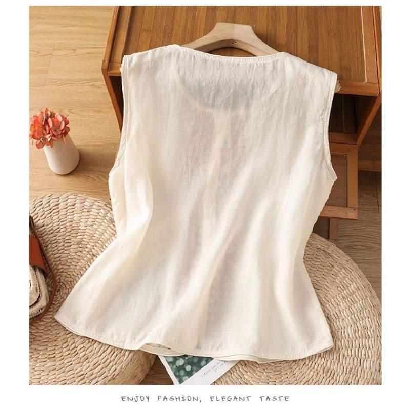 Women Off White Linen Sleeveless Vest Round Neck Front Ethnic Embroidery Open Front Loose Casual Waistcoat