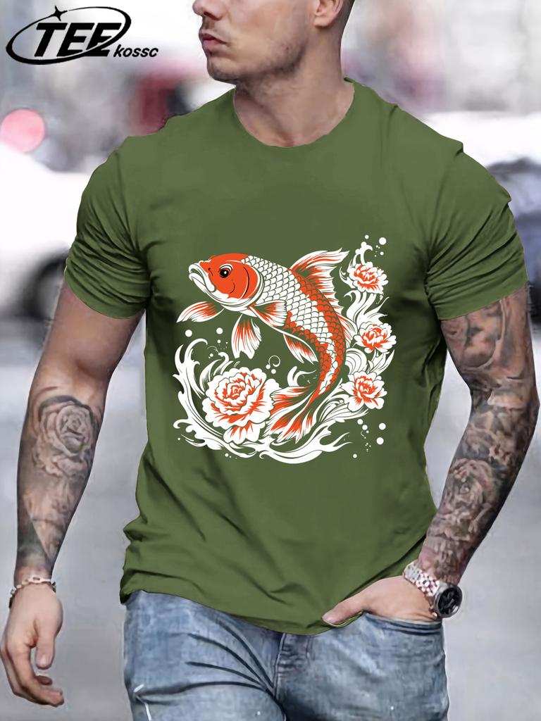 Japanese Harajuku Creative Lotus Koi Pattern TShirt Mens Summer Soft T Shirts Cotton Retro Sportswear Unisex Hip Hop Clothes