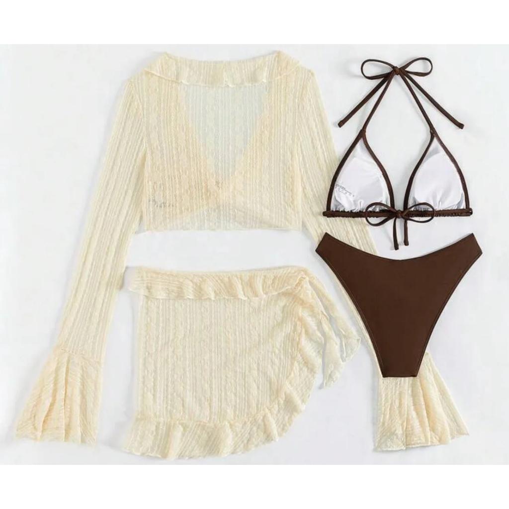 Women Solid Micro Mini String Bikini Sets 4 Pieces with Mesh Cover Tops and Skirt Swimsuit Bathing Suit Beach Outfits Biquini