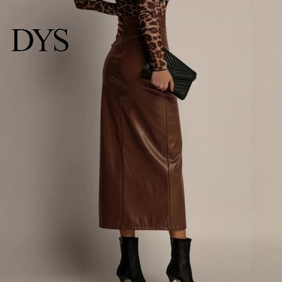Hip Skirt Midi High Waist Artificial Leather with Slit Design Pure Versatile Color Slimming Fit Office Lady Work Leisure Daily Wear Women Waisted