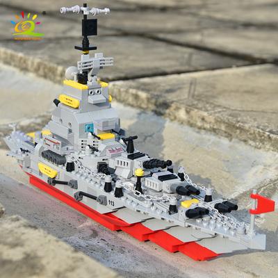 HUIQIBAO Military Warships Cruiser Ship Building Blocks Set For Boys Navy Weapons Army Boat Plane Soldier Figures Toys