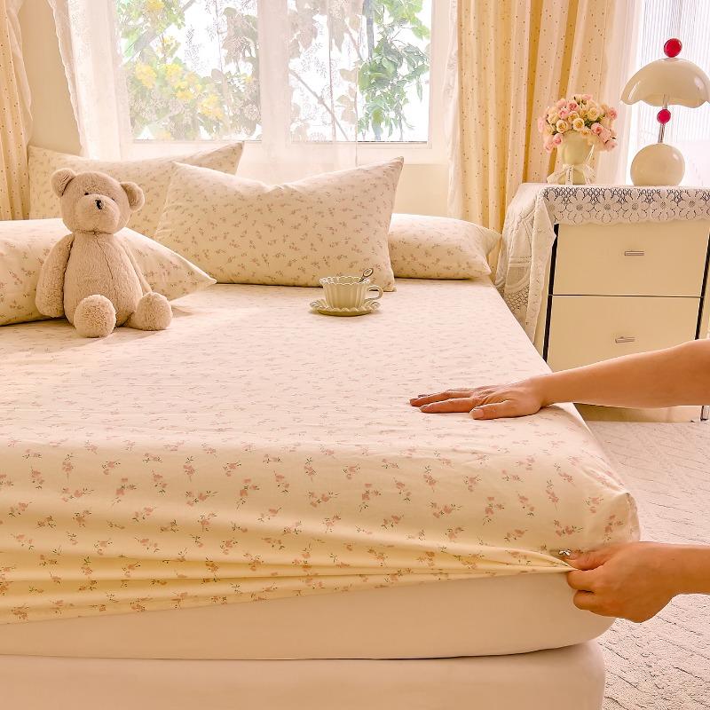 Cotton double-layer yarn printed fitted sheet three-piece set of small floral household bedroom mattress protective cover