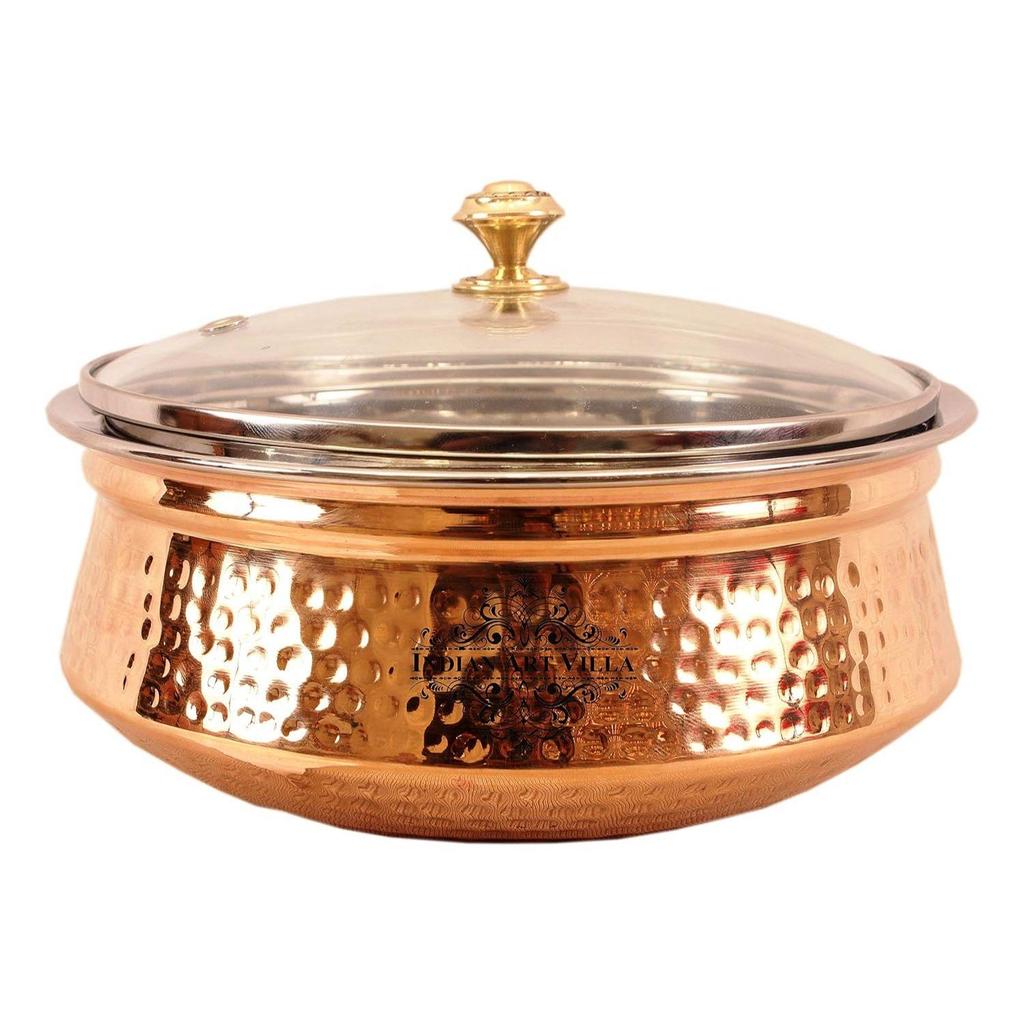 Hammered Steel Copper Casserole Donga Bowl with Glass Lid, Tableware & Serveware, 1400 Ml, Hammered, Polished