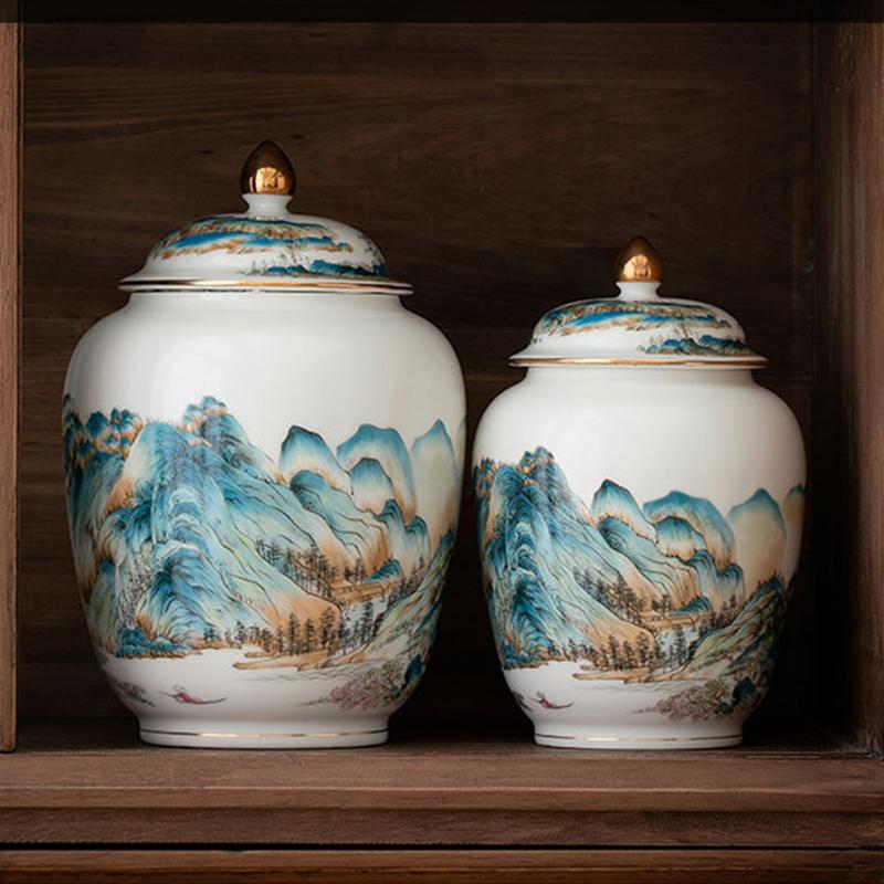 Ceramic Tea Landscape Decoration Storage Jar Grain Sealed Kitchen Container