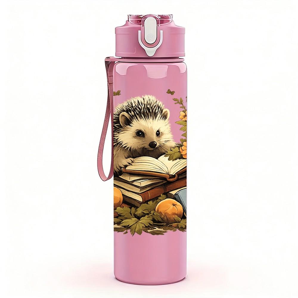 1PC Hedgehog Autumn Leaf Scene Print 750ml Color Plastic Sports Water Bottle Leakproof Flip Straw Lid Suitable for Sports Office Home Use