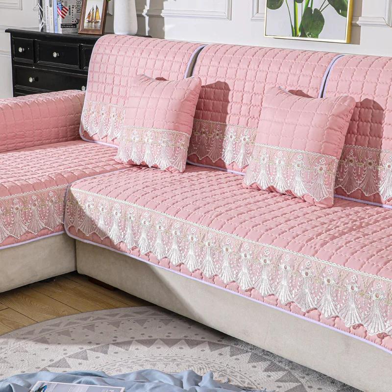 Candy Color Sofa Cover Quilted Thicken Cushion White Lace Embroidery Couch Sofa Towel Slipcover Living Room Furniture Protector