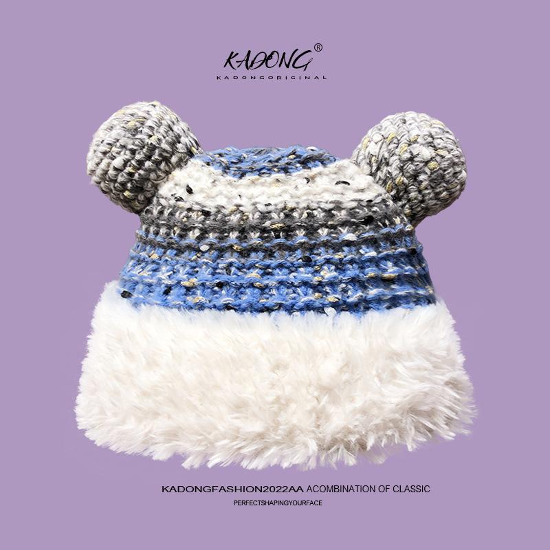 2025 Cute Bear Wool Hat Plush Warm Big Head Circumference Knitted Hat Headgear Season