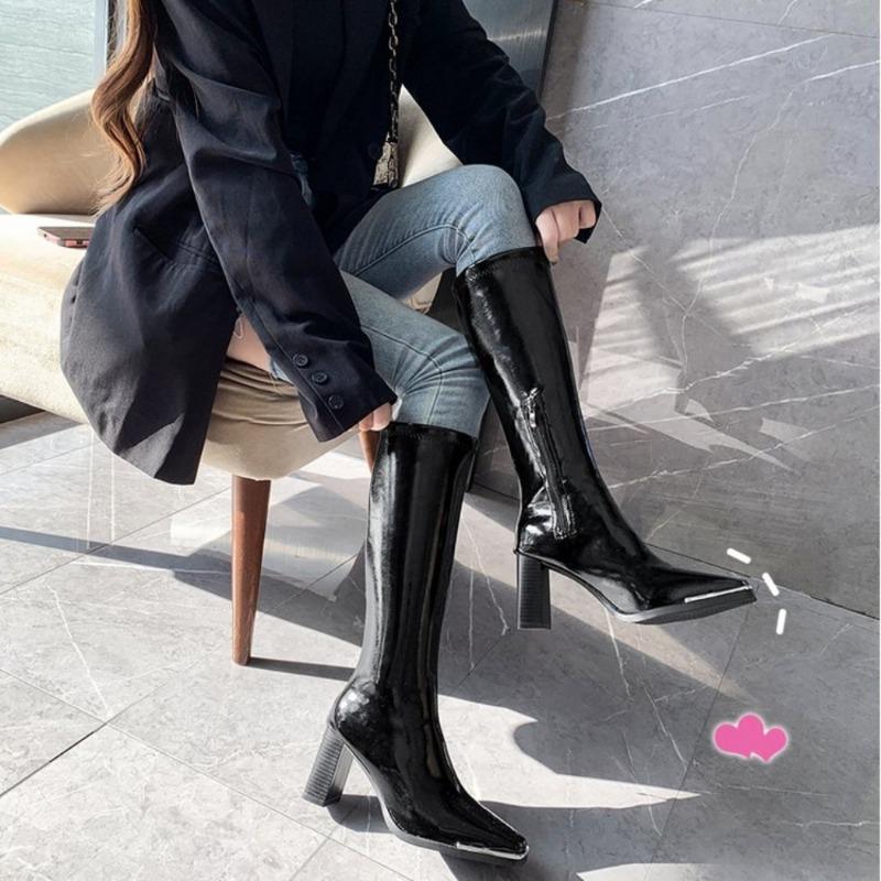 Fashion 2024 New Women Mid Calf Boots Fashion Candy Color Zipper Goth Ladies Shoes Patent Leather Long Boot Luxury Designer High Heels