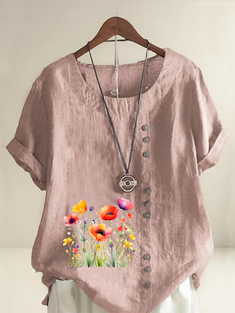 Women's Fashion Flower Print Casual Cotton Linen Short Sleeve Round Neck T-shirt Shirt Leisure Loose Summer Blouse Tops