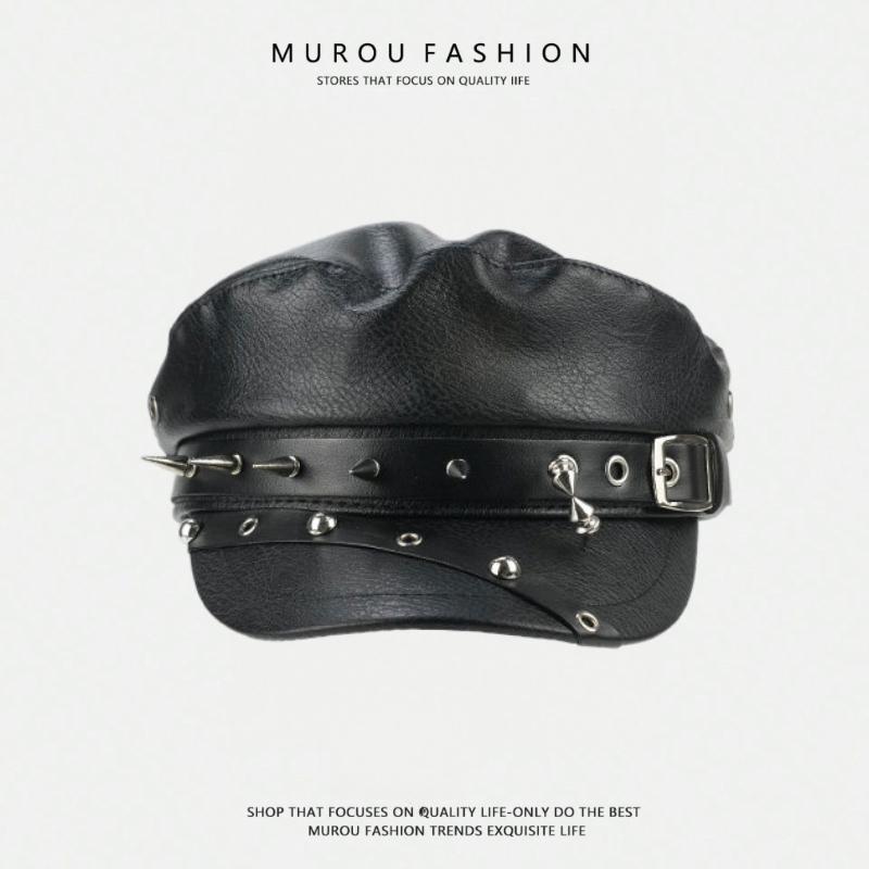 

Vintage Rivet Beret Harajuku Y2K Girl Gothic Lolita Fashionable Personalized Cool Black Leather Rivet Cap One Size чёрный
