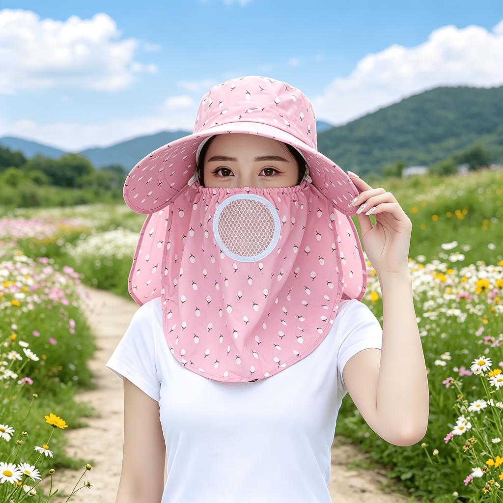 Wide-brimmed Purple Floral Sun Hat Detachable Face Mask Design, Breathable Lightweight Anti-UV Outdoor Headwear