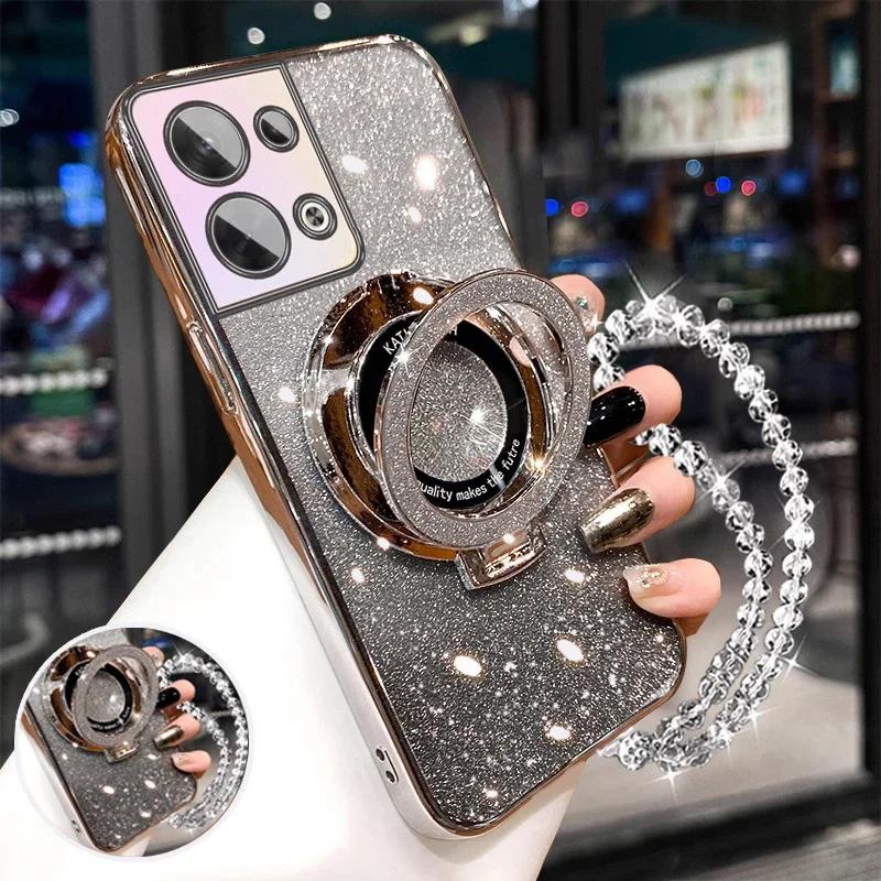 Glitter Crystal Bracelet Magnetic Holder Case For Oppo Reno12 Reno 12 Pro 13 11 F 11F 13F 12F 10 8 7 6 5 Pro Lite Bracket Cover