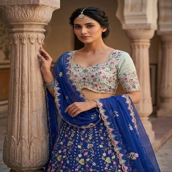 Royal Blue Floral Embroidered Lehenga Set