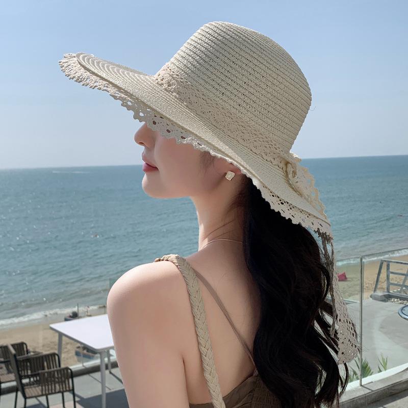 New Hat Women's French Lace Bow Woven Straw Hat Summer Seaside Vacation Big Brim Sun Protection Hat
