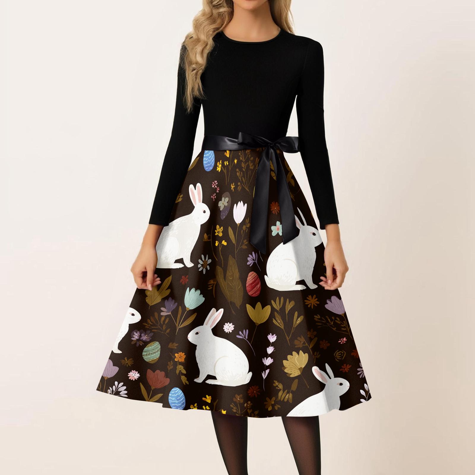 Women s Casual Fashion Round Neck Carnival Printed Vintage Dress L кофейный