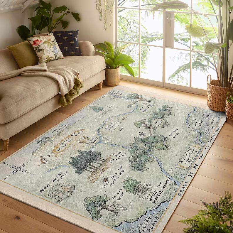 Vintage Winnie The Pooh Map Area Rug Hundred Acre Wood Print NonSlip Floor Mat for Kids Room Playroom Nursery Aesthetic Decor