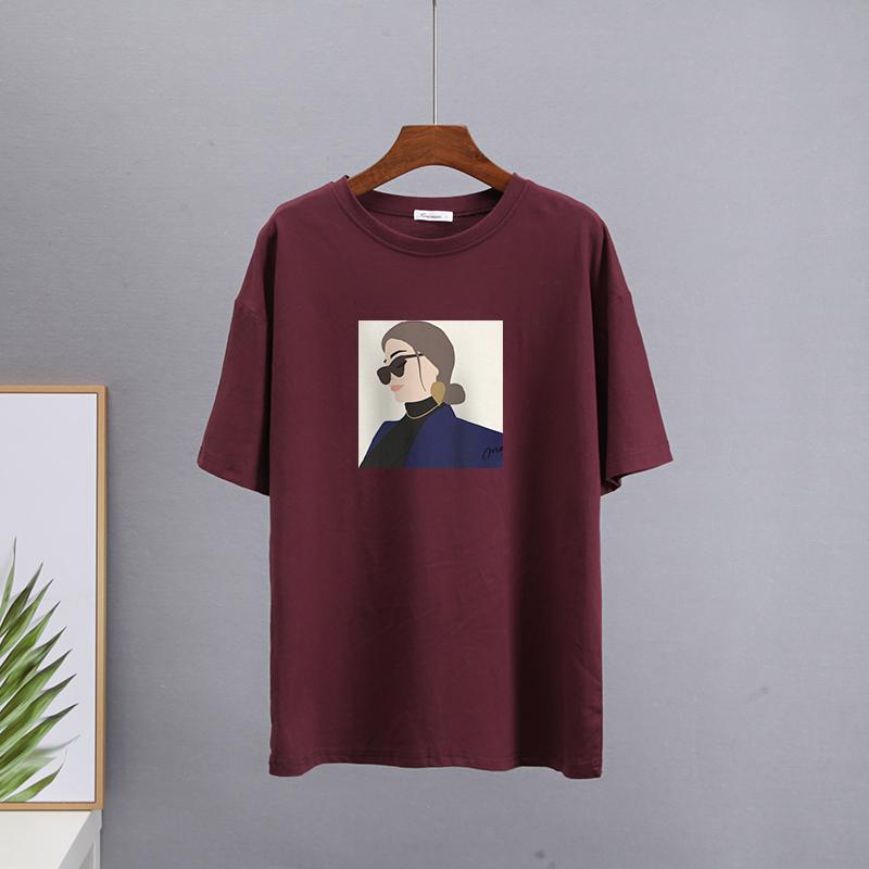 Hirsionsan Elegant Character Printed T Shirt Women Summer Chic Casual Tees Cotton Jumper Clothes Oversized Pullover Female Tops