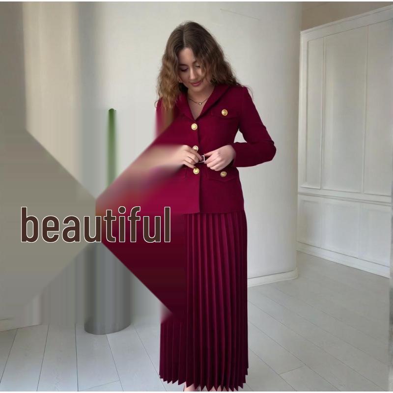 2025 Spring European & American Belted Button Coat with Pleated Skirt Set
